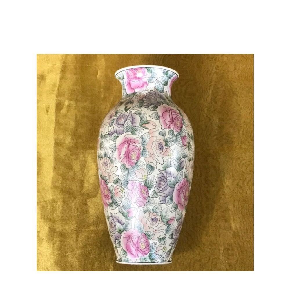 Porcelain Floral Vase in Pink and Green - Decorative Accent